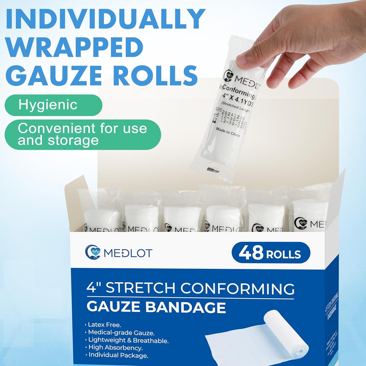 Gauze Rolls, 48 Count, 4 Inch X 4.1 Yards, Rolled Gauze Wrap, Conforming Stretch Bandage for Wounds Care, Medical Supplies for First Aid